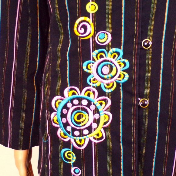 BOB MACKIE WEARABLE ART size M blazer black + multicolor stripes & embroidery - Picture 13 of 16